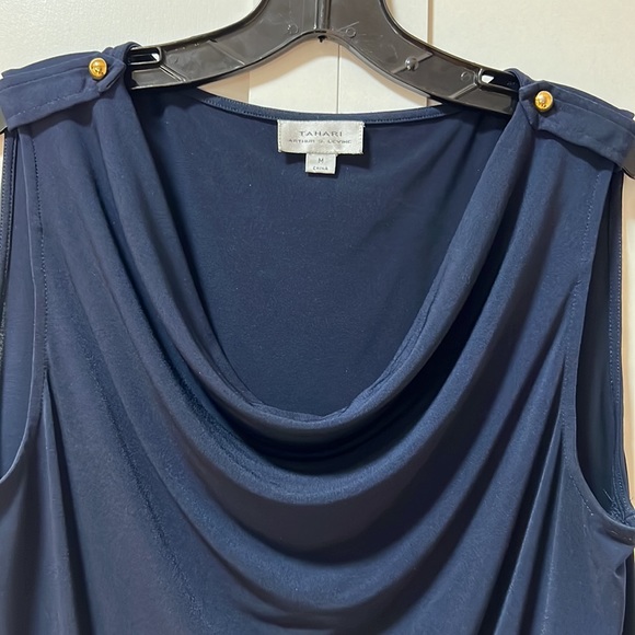 Tahari Navy Sleeveless Blouse with Gold Buttons in Shoulder and Scoop Neckline - Picture 3 of 3